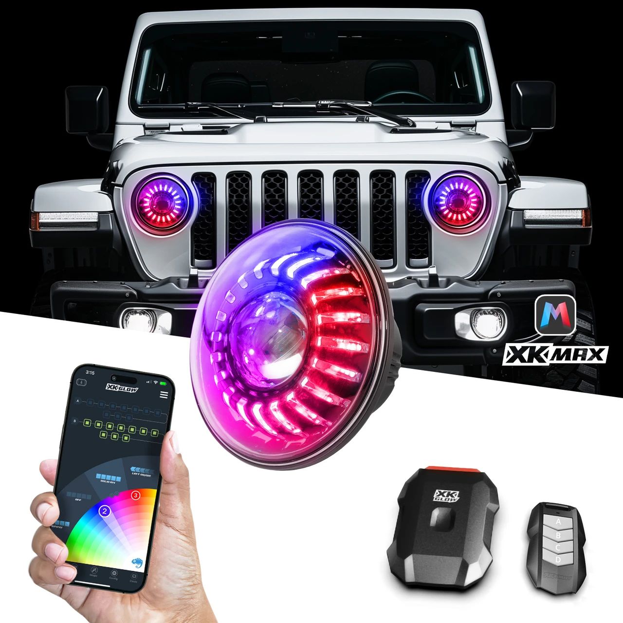 XKmax RGBW chasing halo headlight kit for Jeep, with the controller, key fob, and XKmax app