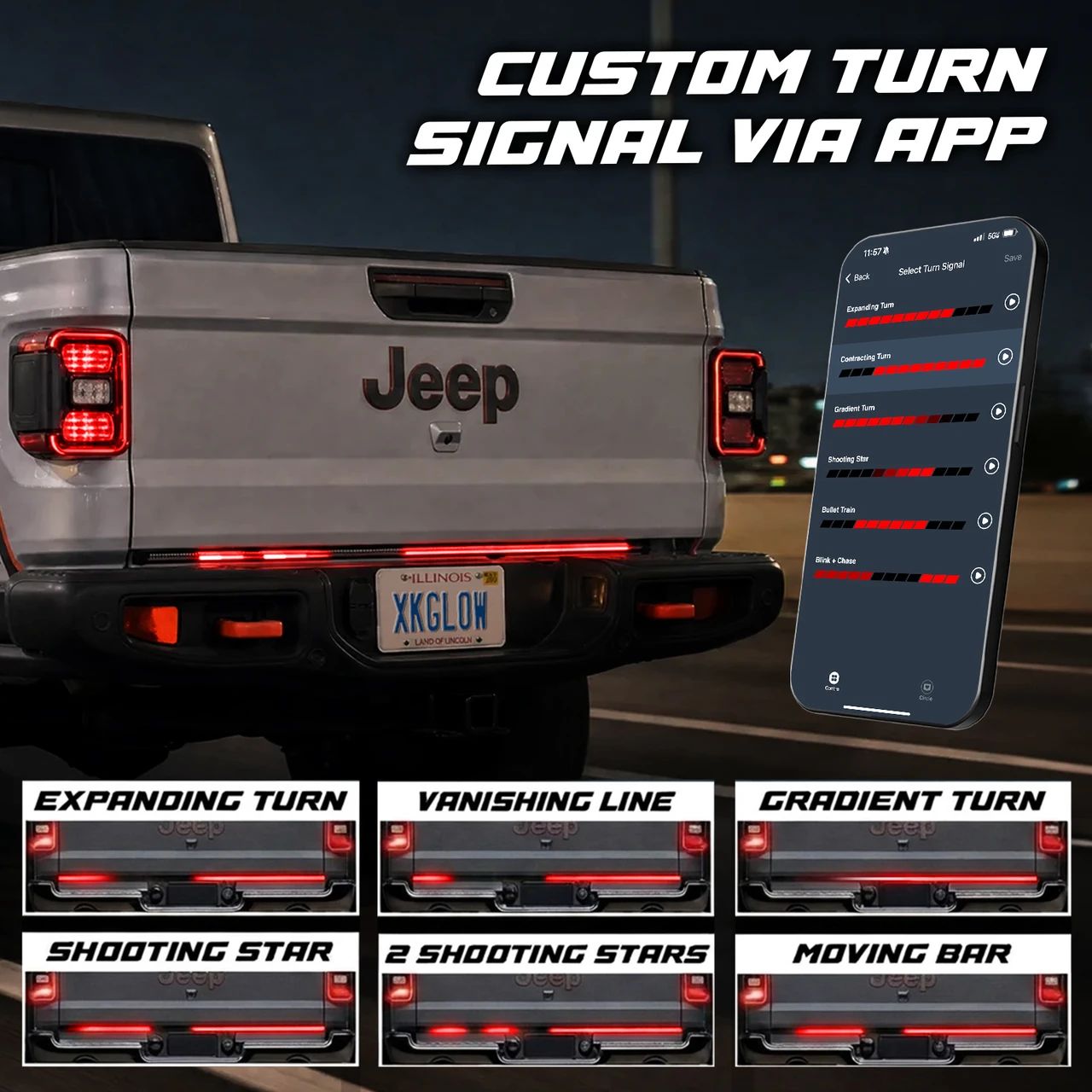 XKdrive tailgate light bar on a Jeep Gladiator, with custom turn signal patterns set in the XKdrive app
