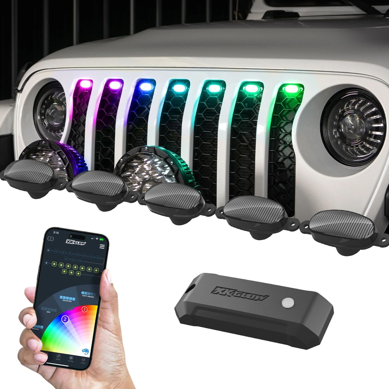 XKmax RGBW pre-runner style grille light pods on a white Jeep Wrangler, with the controller and XKmax app