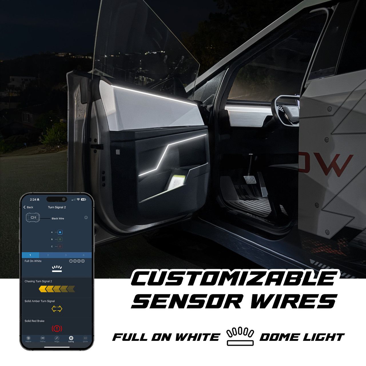 Interior kit sensor wires switch the lights to full white, like a dome light, when a door opens
