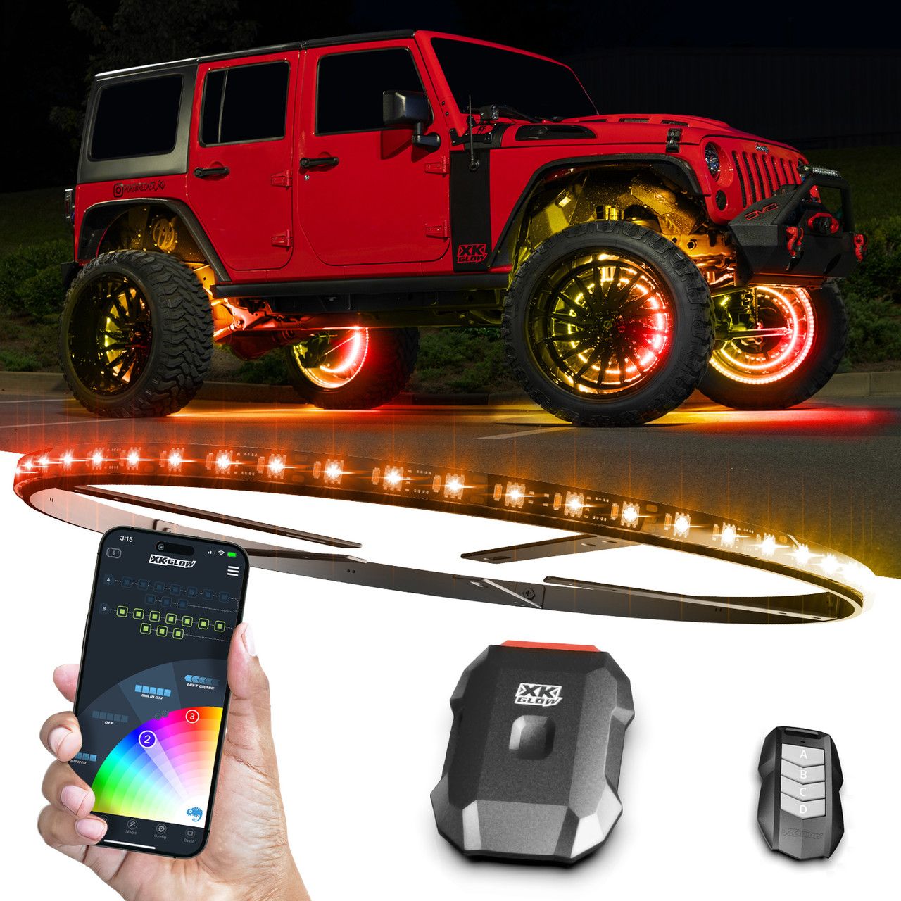 XKmax RGBW wheel ring light kit on a red Jeep Wrangler, with the controller, key fob, and XKmax app