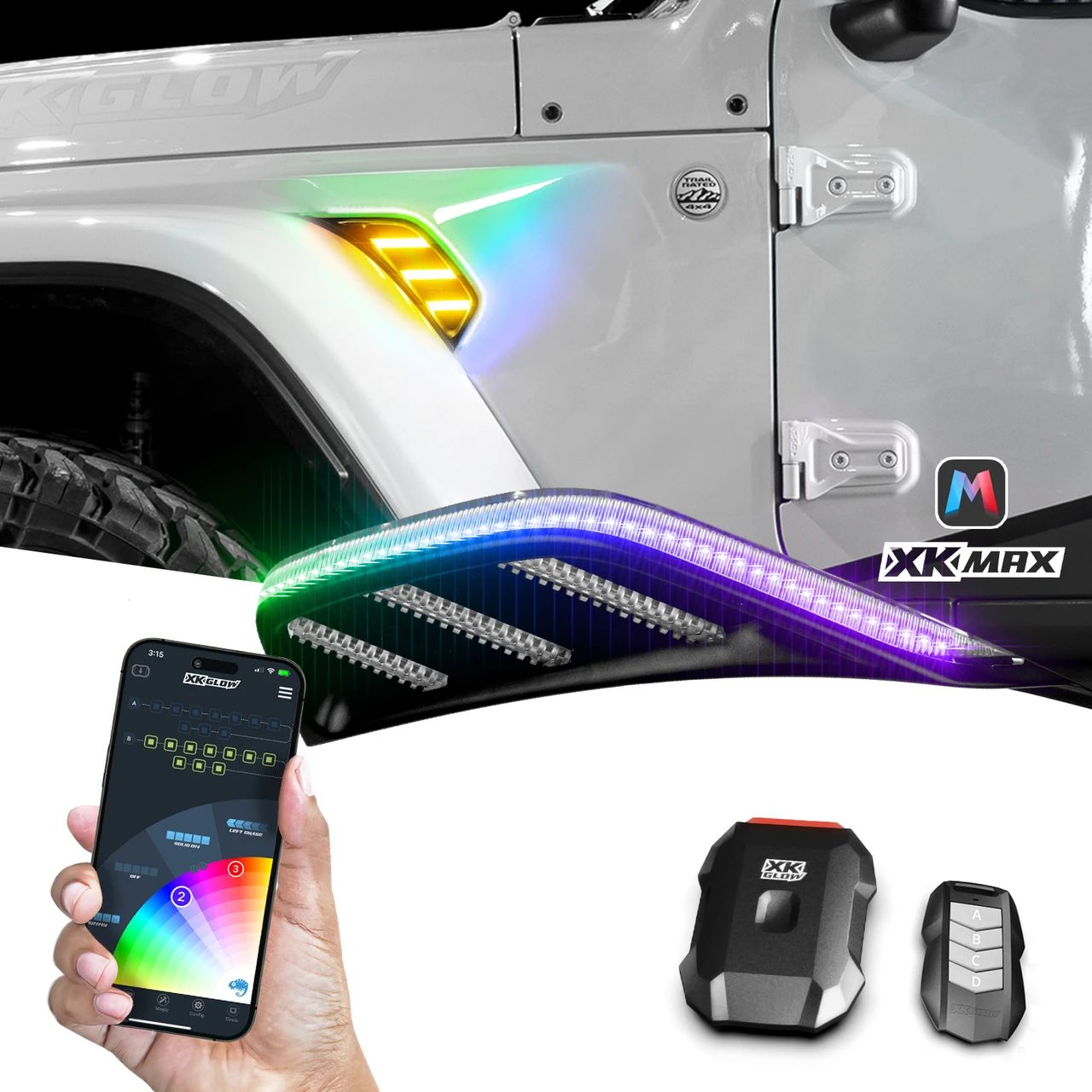 XKmax RGB and amber fender vent light on a white Jeep Wrangler, with the controller, key fob, and XKmax app