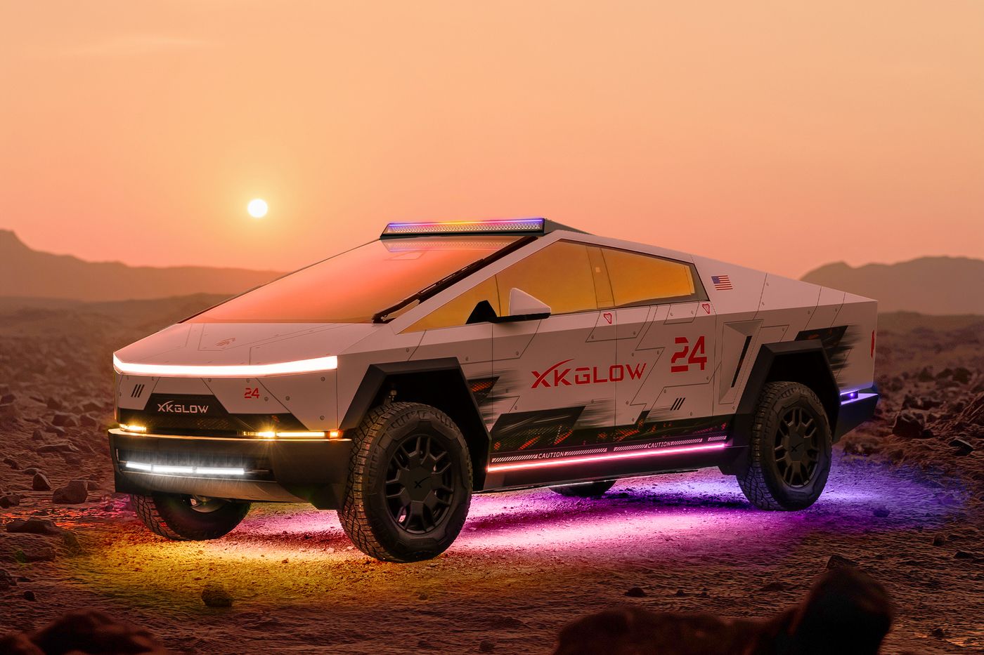 Tesla Cybertruck with XKGLOW underglow on a red desert landscape at sunset