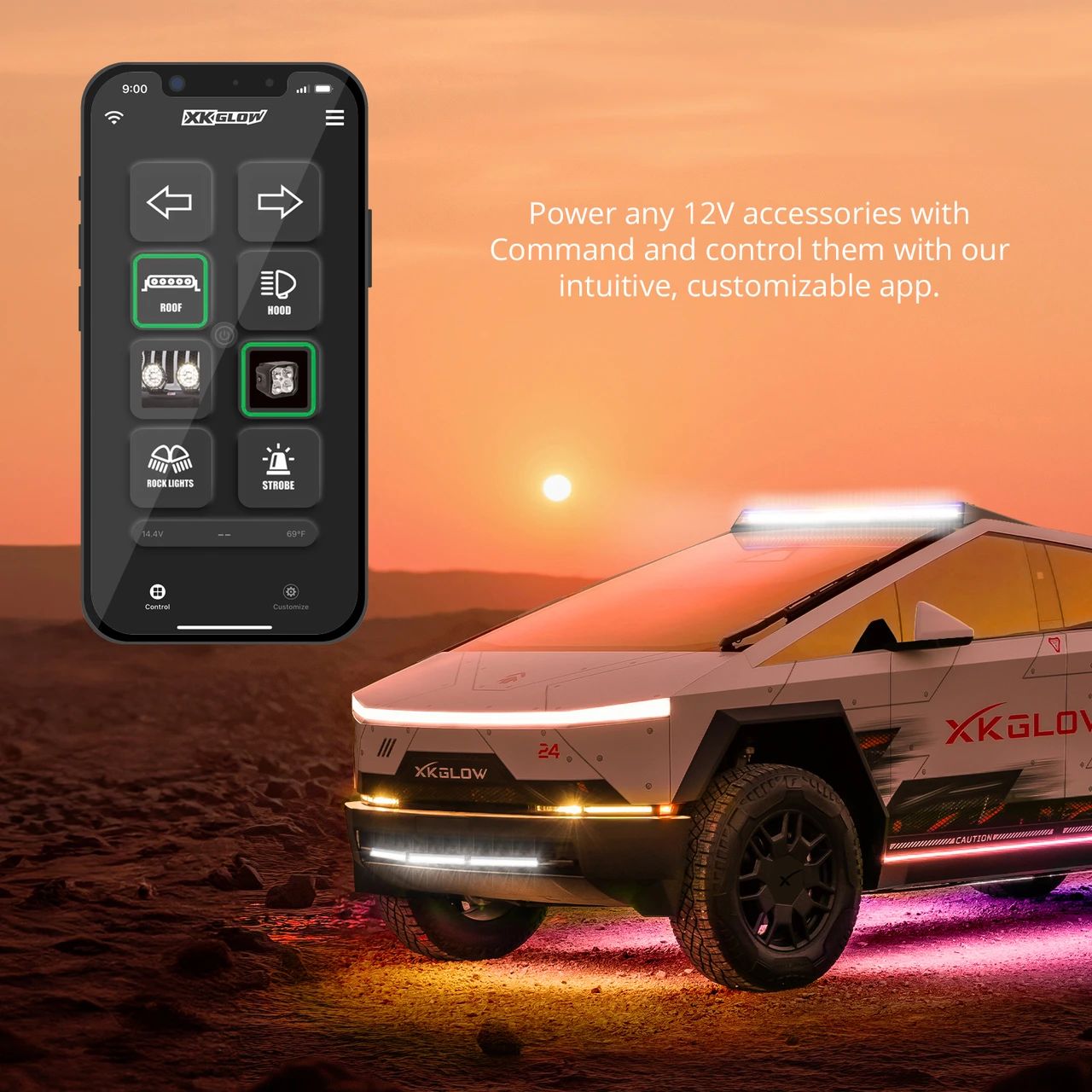 XKcommand switch panel app, which powers and controls 12V accessories on a Tesla Cybertruck