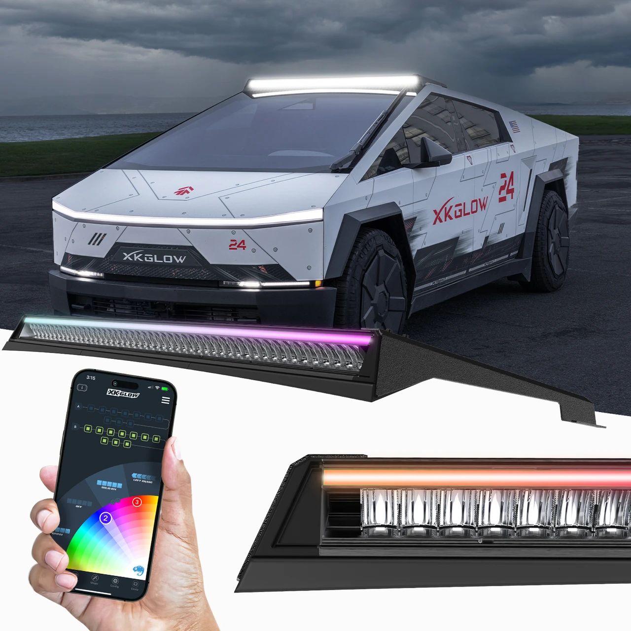 XKmax roof LED light bar for Tesla Cybertruck, with the bar, mount, and XKmax app