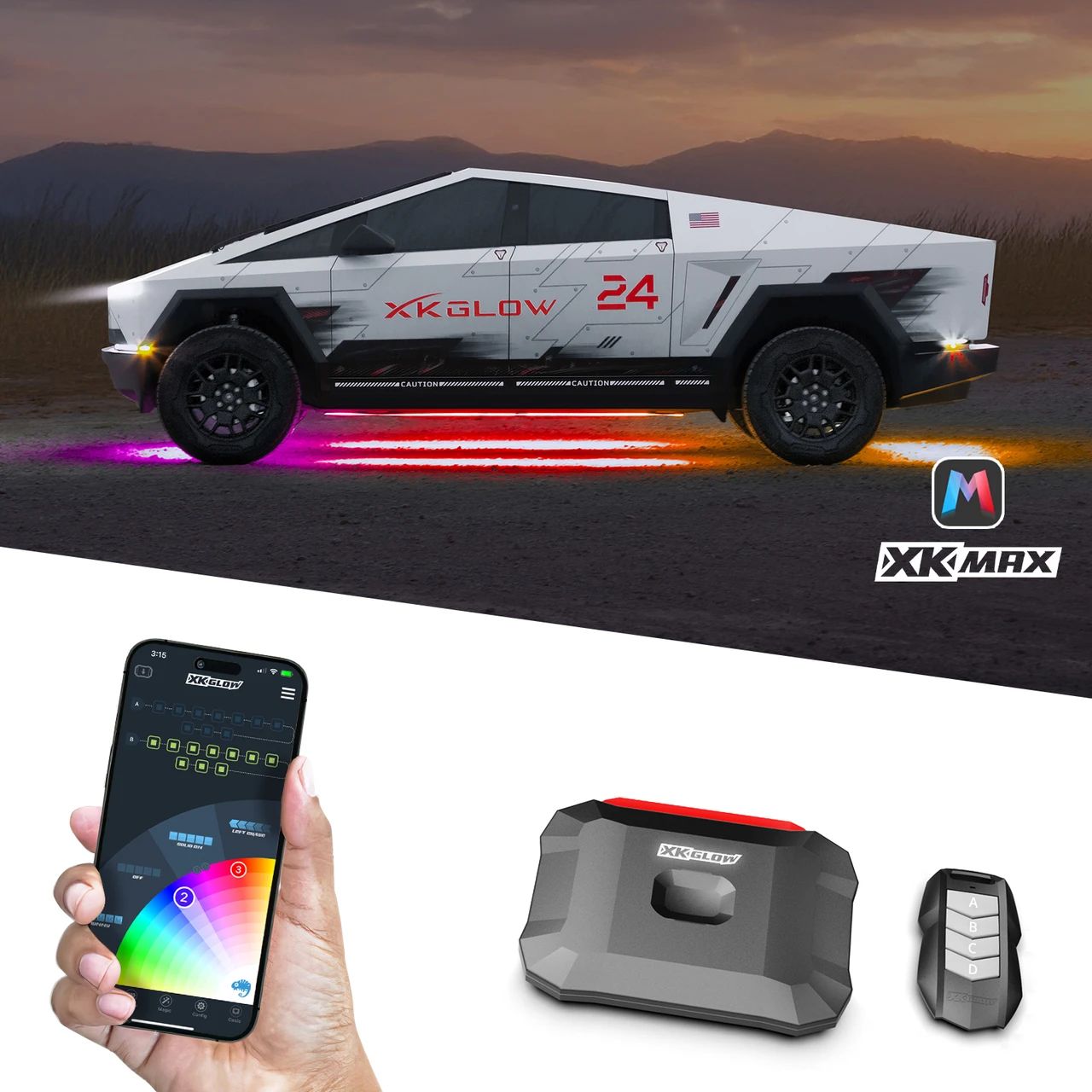 XKmax RGBW underglow kit for Tesla Cybertruck, with the controller, key fob, and XKmax app