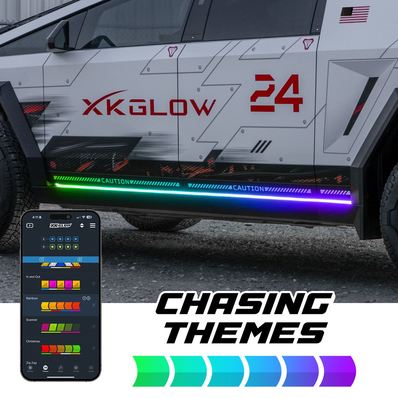 XKmax Atomix profile strip along a Tesla Cybertruck door sill, running a chasing color theme