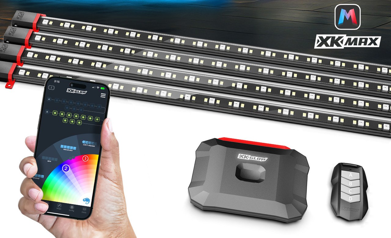 Four LED underglow tubes, a controller, a key fob, and a phone showing the XKmax app color wheel