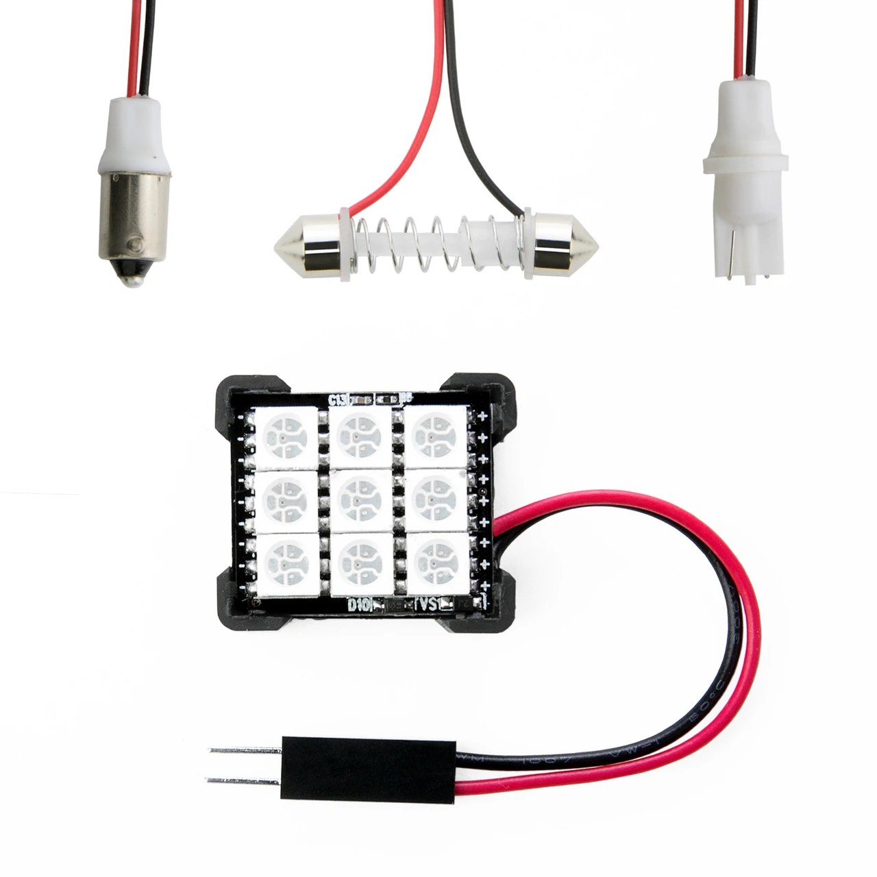 Dome light LED panel with three bulb adapters and a wiring lead on a white background