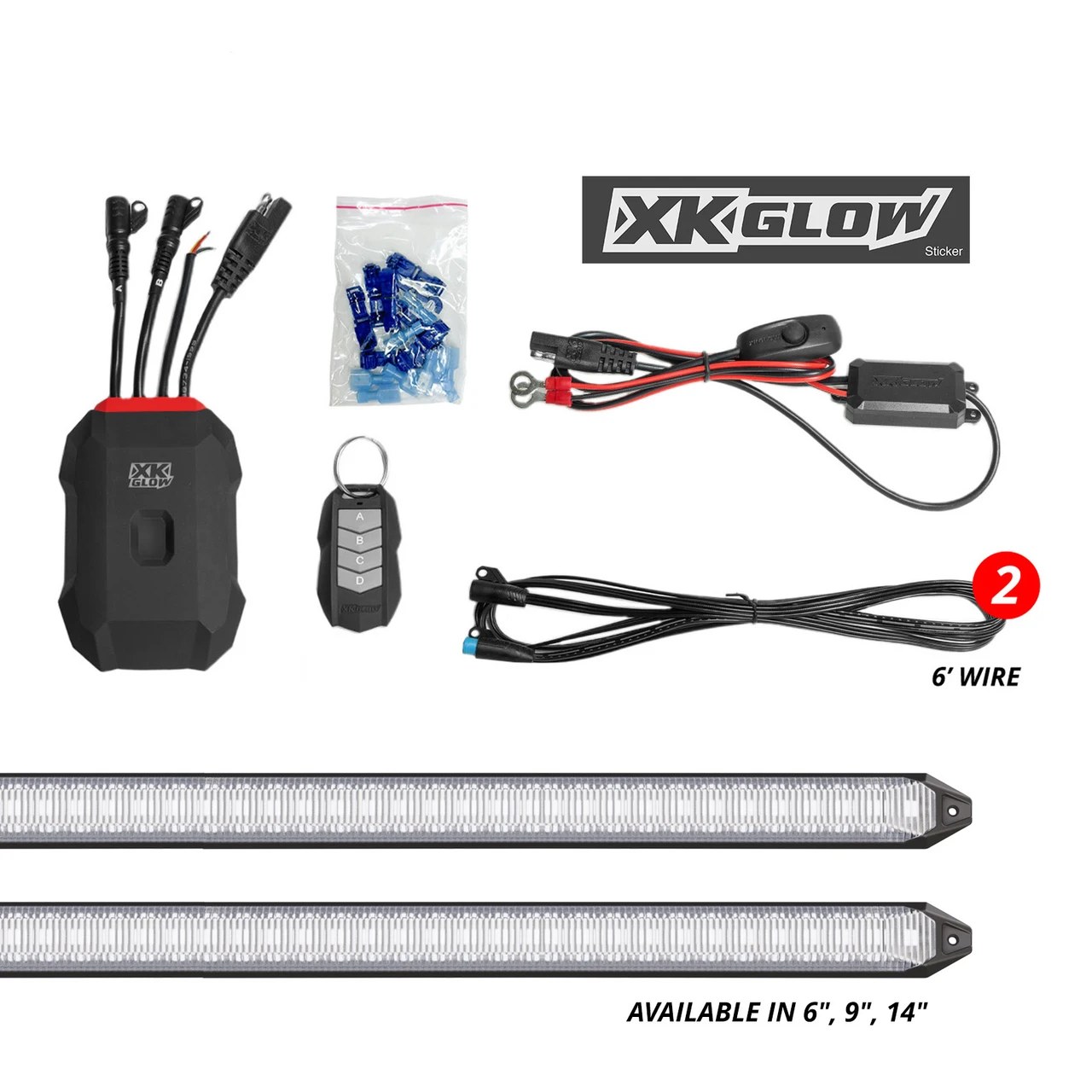 Grille light bar kit laid out with two bars, a controller, key fob, harness, wiring, and an XKGLOW sticker