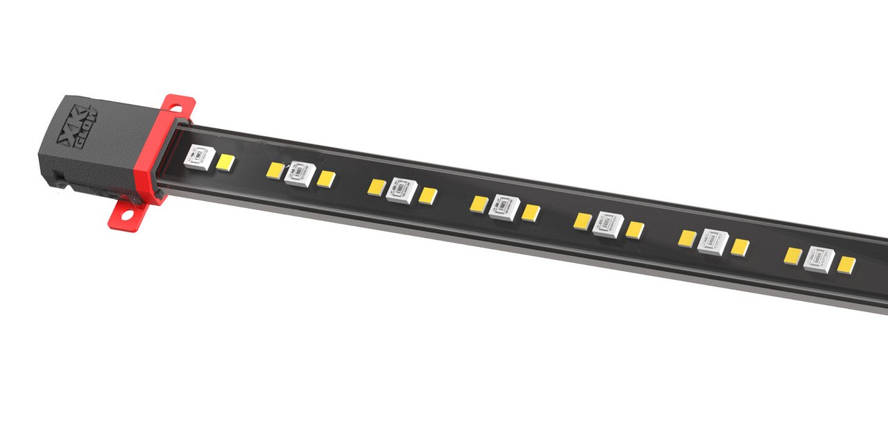 Single black LED tube light with a red end clip and a row of small LED chips on a white background