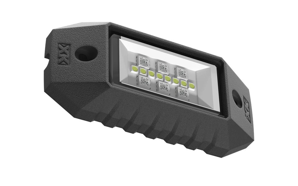 Single rock light pod with a black textured housing and rows of small LED chips behind a clear lens
