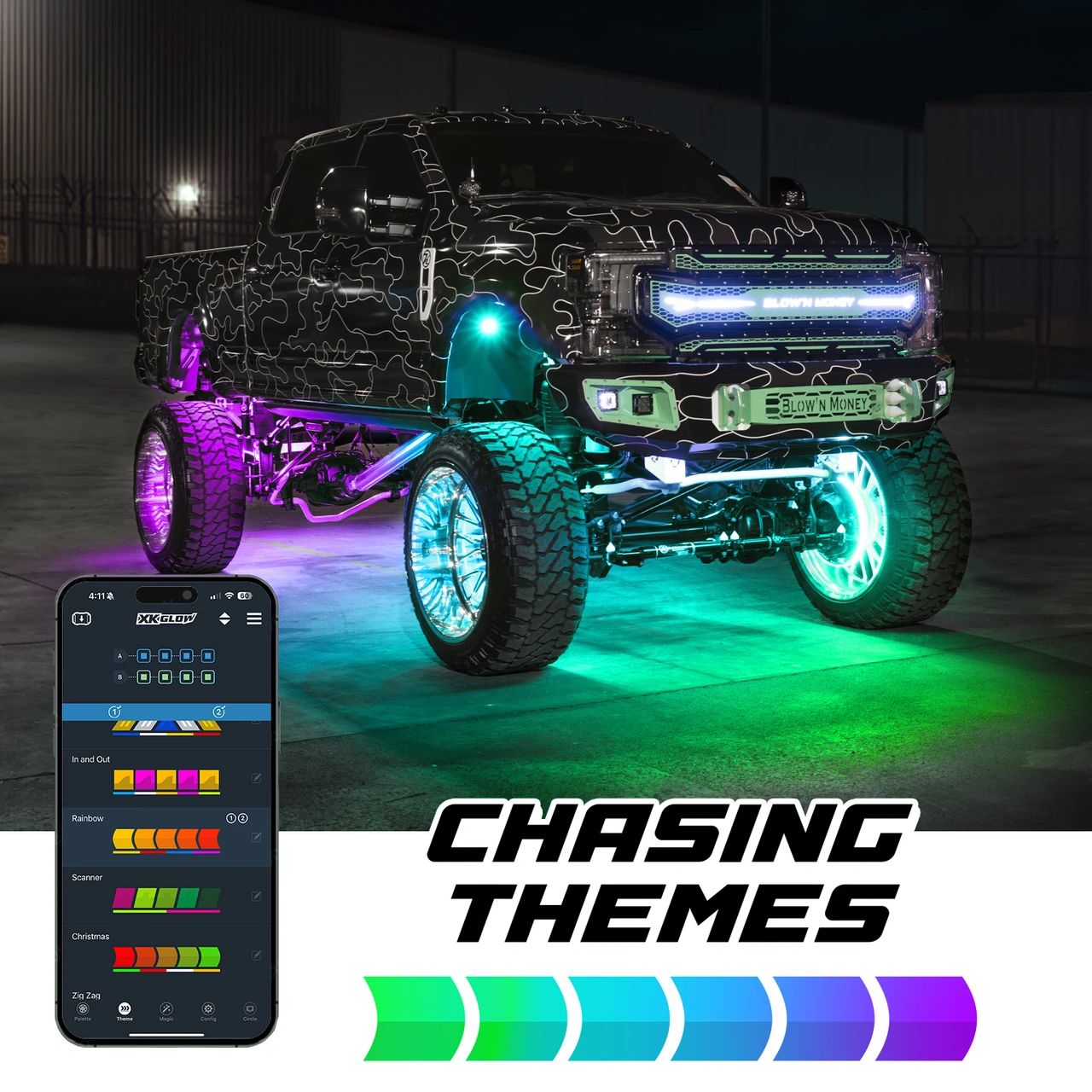 XKmax RGBW rock lights on a lifted pickup truck, with chasing color themes shown in the XKmax app