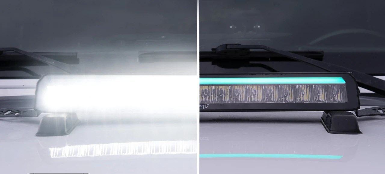 Split view of a hood-mounted light bar: a bright white glare on the left, a teal light strip on the right