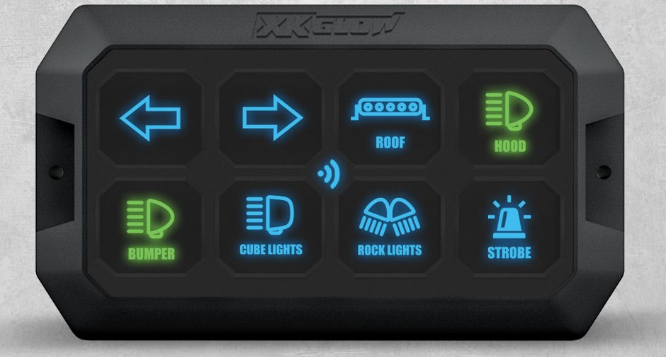 XKcommand switch panel with eight backlit buttons for signals, roof bar, hood, bumper, cube lights, rock lights, and strobe
